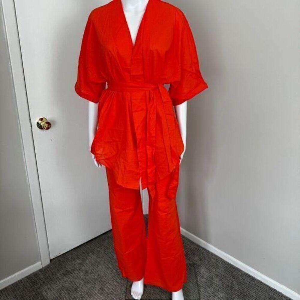 Commense Linen Cotton Orange Two-Piece Set Kimono-Style Top Wide-Leg Pant Outfit - Picture 7 of 16